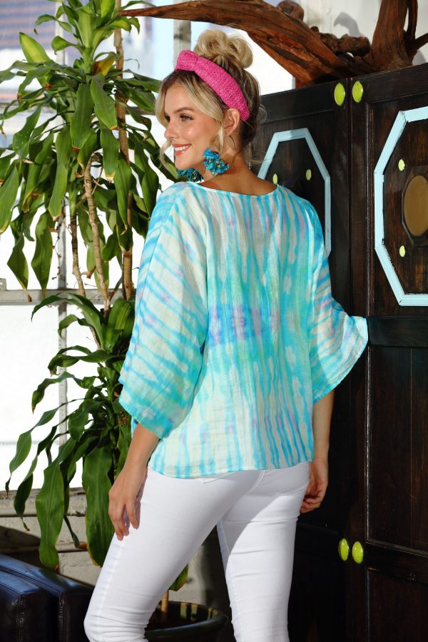 Artisan Turquoise Tie Dye Gauze Short V Neck Pocket Top Cheap - Image 2